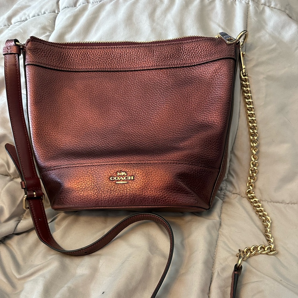 Coach Pebbled Leather Shoulder Bag in Wine with Gold Chain